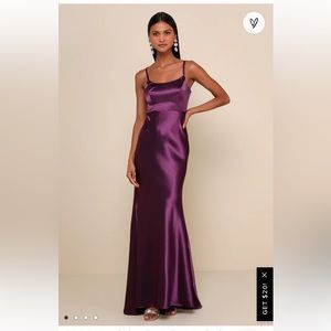 Purple satin prom dress. Zip back with adjustable straps.